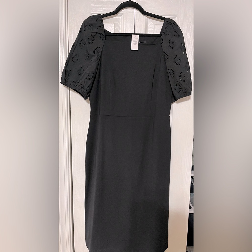 Ann Taylor Black Midi Shift Dress with Eyelet Puff Sleeves (Size 12 Tall)